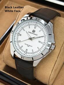 Pablo Raez 1pc Vintage Watch Luxury Original Silver Color Non Tarnish Stainless Steel Clocks Charming Luminous Wristwatches 50M Water Resistant Business Big Dial Microfiber Leather Bracelet