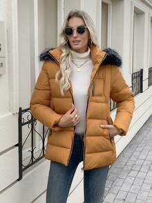 女士冬季仿毛皮拼接夹克，带拉链连帽毛领外套，时尚绗缝外套 - 橘色 - 查看 4