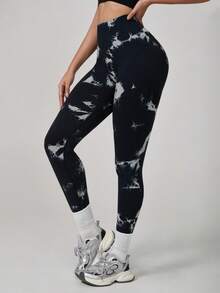High Waisted Seamless Slim Tie-Dye Leggings For Women -Resilient Soft Touch Quick-Drying Breathable 4-Way Stretch Butt Lifting Legging, For Hiking Running Cycling Yoga Pickleball Exercise Casual - 黑色 - 查看 3