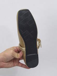 大码 35-43 新款春秋季平底方头套脚鞋，金色方扣装饰，适合搭配连衣裙，女士平底乐福鞋，芭蕾平底鞋 - 金色-方扣 - 查看 9