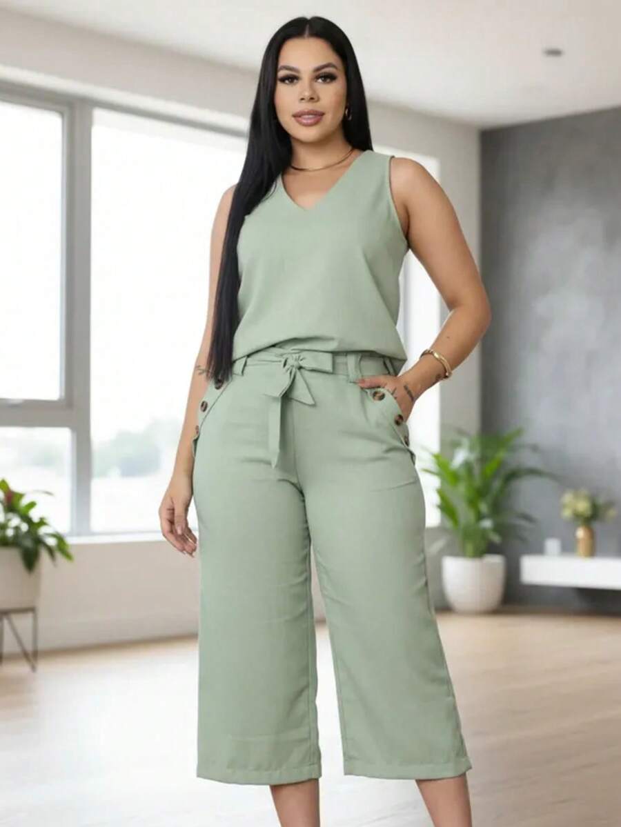 Women's Linen Set Pantacourt Pants With Pocket + Strappy Top - Women's Fashion - Green - View 1