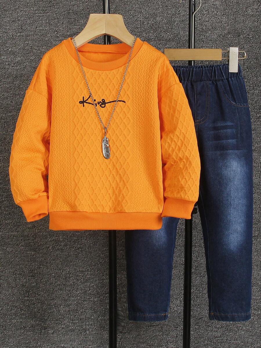 2-5T Toddler Boys' Fashion Letter Print Argyle Textured Sweatshirt And Navy Blue Straight Leg Casual Pants 2-Piece Set, Spring/Autumn/Winter - Burnt Orange - View 1