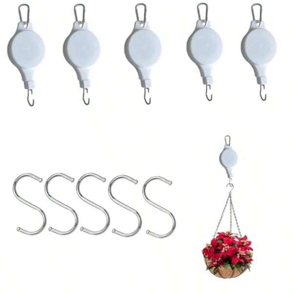 Retractable Plant Hanger Hook Pulley Set 5 Pack Heavy Duty Hanging Basket Hooks With Pulleys For Hanging Pot Plants Flower Baskets Birds Feeder Easy Pull Down To Water Indoor Outdoor Garden