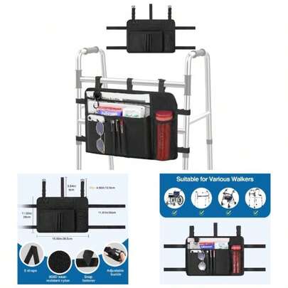 Walker Bag, Walker Basket with Cup Holder, Walker Accessories Seniors with Multiple Pockets and Zippered Compartment, Walker Storage Pouch Rolling Folding Walker, Black