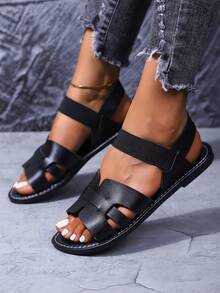 Sandalias planas cómodas y versátiles de mujer para el verano - Negro - Ver 4
