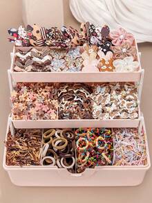 818pcs Brown Shiny Cute Girl Hair Accessories Set, Including Pearl Glitter Mesh Flower Hair Clips, Plaid Bow Hair Clips, Soft Clay Butterfly Print Hair Clips, Shiny Sequin Side Clips, Y2K Star BB Clips, Mini Flower Claws, Elastic Hair Ties, Bamboo Knot Towel Rings, And TPU Hair Bands, Suitable For Daily Wear And Parties - Khaki - View 2