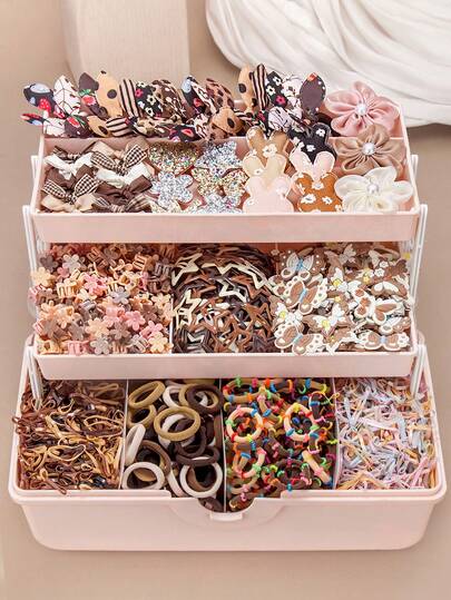 818pcs Brown Shiny Cute Girl Hair Accessories Set, Including Pearl Glitter Mesh Flower Hair Clips, Plaid Bow Hair Clips, Soft Clay Butterfly Print Hair Clips, Shiny Sequin Side Clips, Y2K Star BB Clips, Mini Flower Claws, Elastic Hair Ties, Bamboo Knot Towel Rings, And TPU Hair Bands, Suitable For Daily Wear And Parties