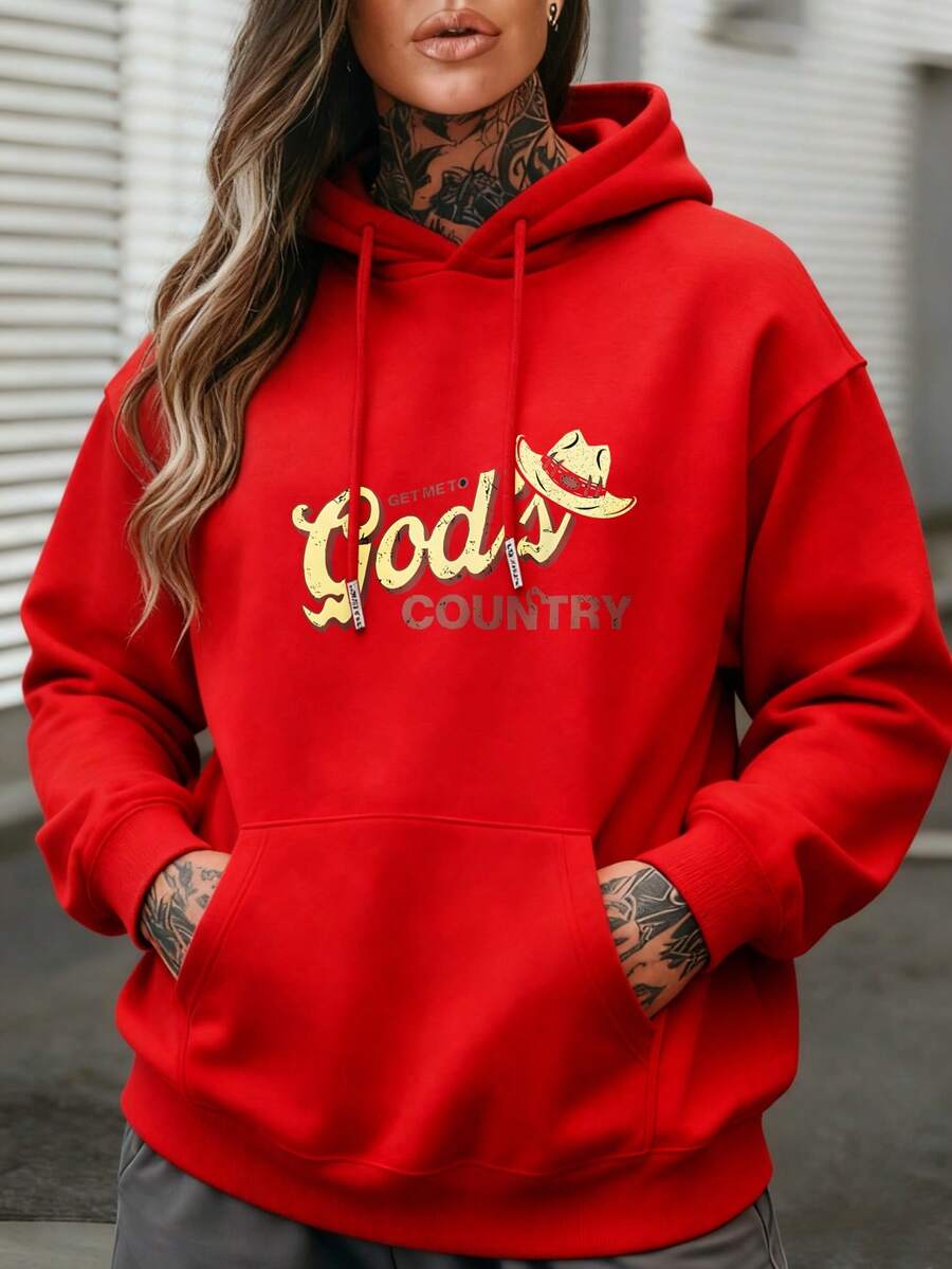 Women Hoodie Long Sleeve Pullover Sweatshirt Black With Get Me To Gods Country Print Cowboy Hat Design Graphic Hooded Top Casual Streetwear Outfit Fall Winter Clothes Women Outfit Women Long Sleeve Tops Women Ropa De Invierno Mujer Sweatshirts Women Sweatshirts - 紅色 - 查看 1