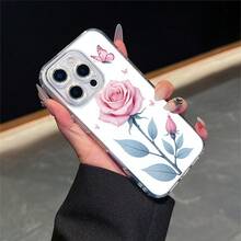 CLEAR  CASE Pink Rose With Blue Leaves And ButterfliesCompatible With  11 To  17 Models The Cases Lens Protection Function Ensures The Camera Remains Undamaged During Shooting  Guaranteeing Image Quality - Clear - View 1