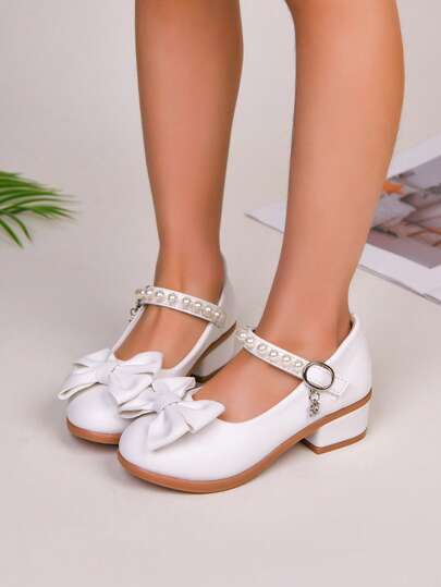 1 Pair Girls' Fashion Pearl Bow Decor High Heel Shoes, Suitable For Party, Wedding, Dance, Performance, Student Outdoor High Heels, Autumn/Winter