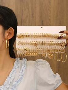48-12pcs Gold Elegant Women's Earring Set, Thick Yet Lightweight Hoop Earrings, Jewelry Gift, Versatile Daily Wear, Holiday Gift - Gold - View 3
