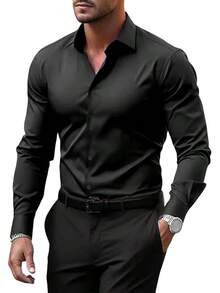 Men's Wrinkle Dress Shirts Formal Long Sleeve Button Down Wedding Business, Style - Black - View 12