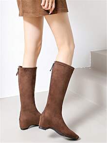 Women's Fashion Square Toe Casual Commuter Boots With Back Zipper, Suede Finish, Available In Camel, Black, Brown, Ankle High, Suitable For Winter - Brown - View 3