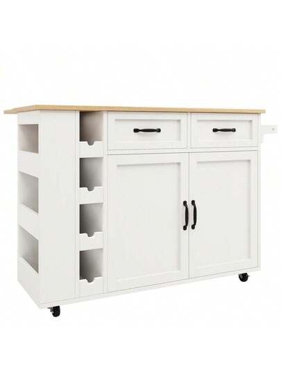 Kitchen Isl Serving Cart Countertop, Cabinet, Trolley, Food Four Doors Two Drawers, Wood Finish view 2