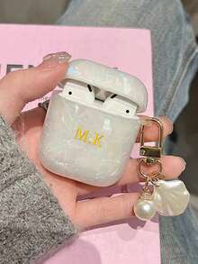 Personalized (With Shell Hook) Luxury & Fashionable Shell Butterfly Earphone Case Compatible With Apple 1/2 3 4 Pro, Customized Letter Name, Back To School, Valentine's Day Gift, Good Birthday Gift, Holiday Gift, Gift For Him/Her, Personalized Gift, Customized Product, Customized Gift For Her/Him, Anniversary/Wedding Gift, Personalized Gift For Dad/Mom - White - View 4