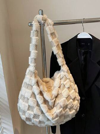 1 st. enfärgad, rutig, fluffig axelväska, moderiktig och avslappnad stil, stor kapacitet, rutiga, fluffiga detaljer, lämplig för unga kvinnor, daglig pendling och avslappnade utflykter