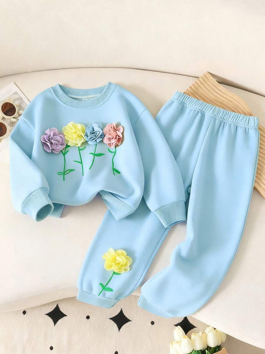 2 Stücke/Set Mädchen Lässig Blumen Muster Sweatshirt + passende Hose, Outfit für Kleine Mädchen