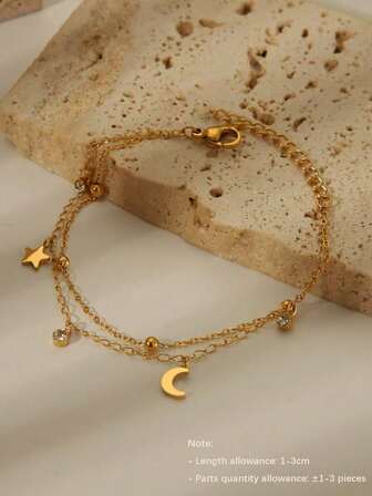 1pc Stainless Steel Star & Moon Crystal Beaded Bracelet For Women, Minimalist & Fashionable, Suitable For Party, Holiday, Daily Wear (Handmade Chain Length Customized, Bead Quantity Varies)