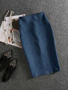 女士优雅通勤鹿绒拉链A字半身裙，后开衩，无弹力，适合冬季穿着