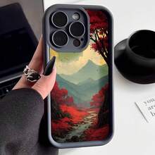 Cubierta de teléfono con borde protector color negro con estampado de paisaje montañoso otoñal en tonos rojos y verdes ideal para uso diario y protección contra golpes - Negro - Ver 2