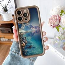 Cubierta de teléfono con borde protector color gris oscuro diseño de paisaje montañoso con lago cristalino y reflejo geométrico para uso diario y viajes - Café integral - Ver 7