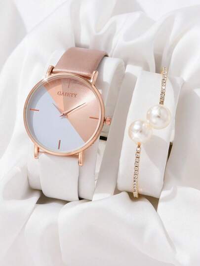 2PCS Women's Watch Set, The Dial Adopts A Color Matching Design, With A Pearl Rhinestone Bracelet, Suitable For Daily Commuting Wear And Various Holiday Gifts