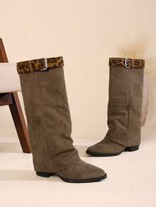 Fall/Winter Brown Patchwork Leopard Print Asymmetrical Waistband Decor Mid-Calf Slip-On Boots, Comfortable, Versatile, Fashionable For Casual, Office, Holiday - Brown - View 8
