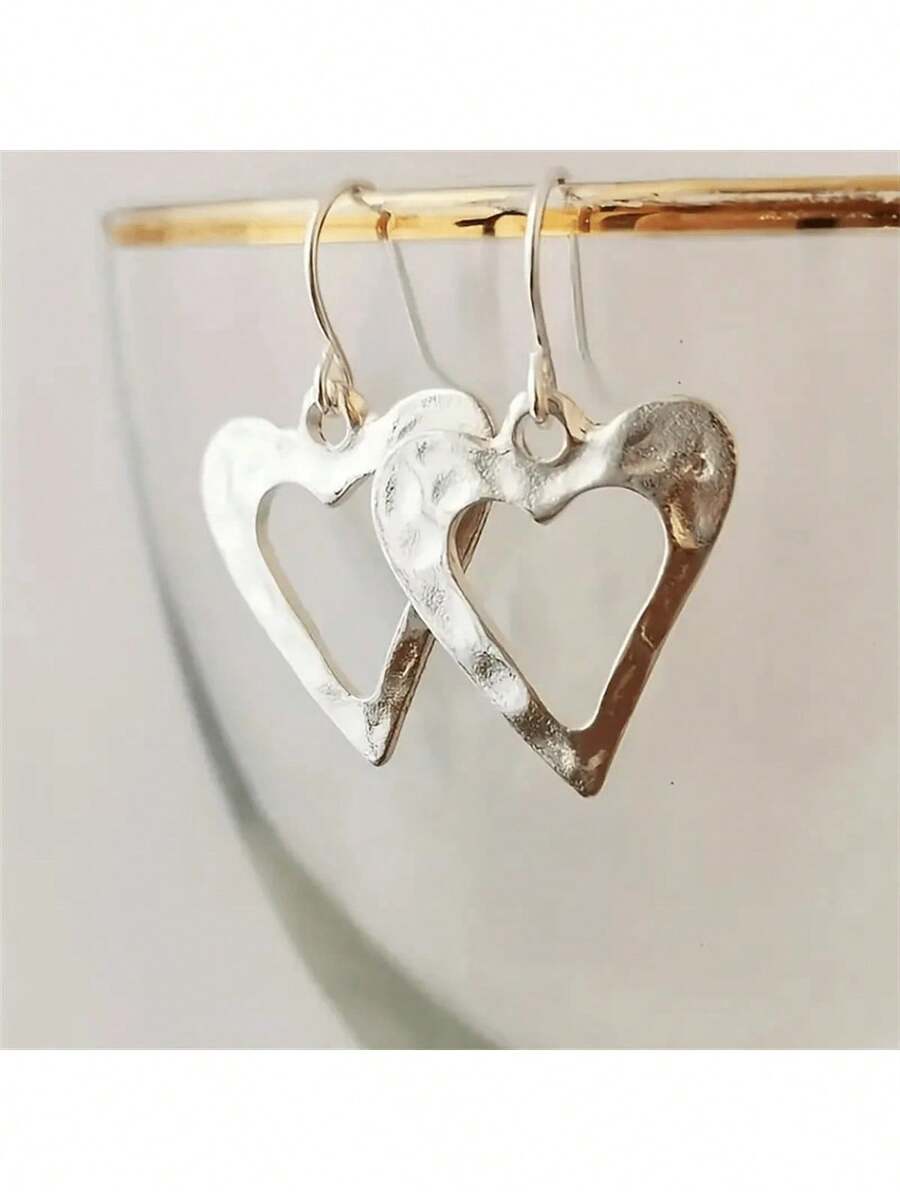 2pcs Asymmetrical Heart Shaped Stud Earrings, Minimalist Design - Bạc - Xem 1