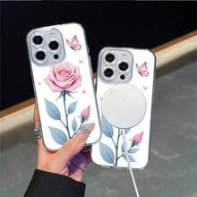 CLEAR  CASE Pink Rose With Blue Leaves And ButterfliesCompatible With  11 To  17 Models The Cases Lens Protection Function Ensures The Camera Remains Undamaged During Shooting  Guaranteeing Image Quality - Clear - View 2