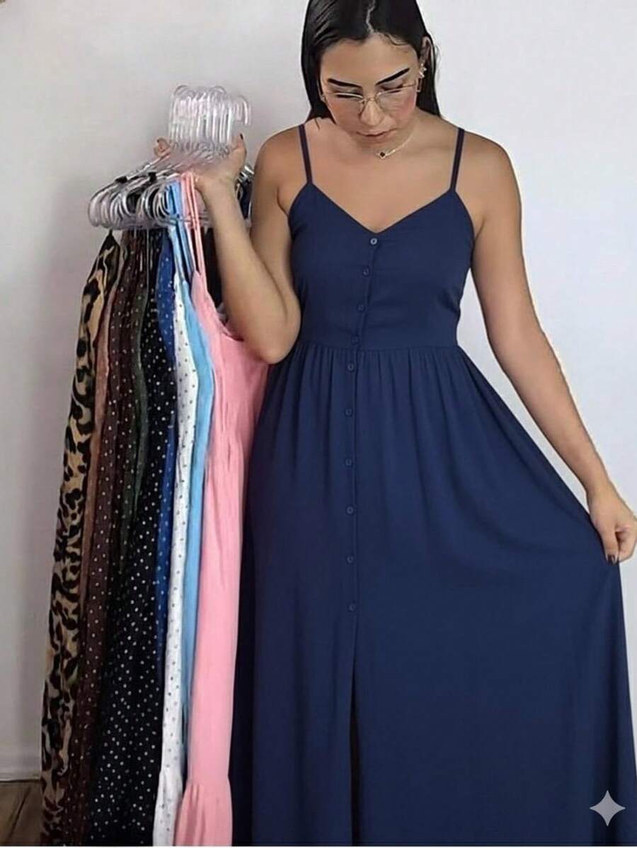Long Dress In Viscose Linen, Plain, With Thin Straps, Buttons Down The Front, Padded Cups And Lining. Elasticated Back. - Navy Blue - View 1