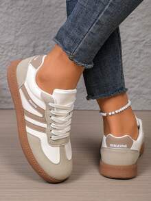 2026新款时尚休闲复古女鞋，卡其条纹设计，男女通用复古运动鞋，休闲运动鞋，户外休闲训练鞋，返校季，滑板鞋，合成革，系带，舒适，时尚，2026新款训练鞋，鞋子，运动靴，运动鞋，女士运动鞋，女鞋>运动鞋，白色运动鞋，女鞋 - 米色 - 查看 3