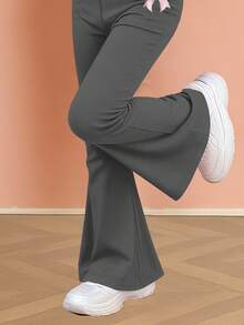 Tween Girl Casual Bow Graphic Short Sleeve Loose T-Shirt And Flare Pants Elegant Girl Outfit, Back To School/School Clothes