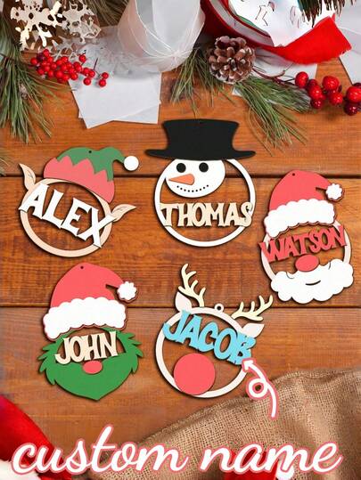 5/4/3/2/1 pieza Bola de Navidad de madera personalizada, adornos navideños personalizados, decoraciones de árbol de Navidad con nombres, decoraciones de árbol de Navidad que se pueden personalizar con nombres de familia, artículos esenciales para fiestas, artículo esencial para fiestas, adecuado para decoración de habitaciones, decoración de dormitorios