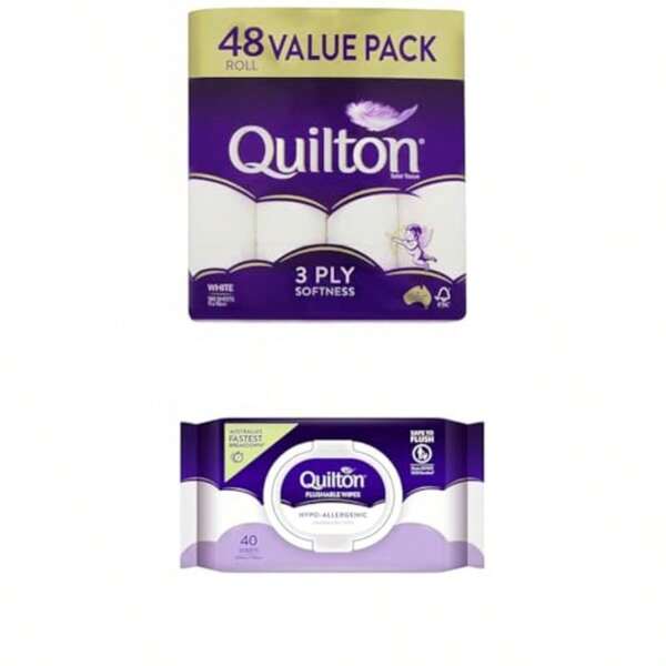 Quilton 3Ply Toilet Tissue 48 Rolls +Flushable Wet Wipes 6 Pack 240 Sheets Bundle