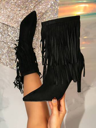 Höst/vinter damstövlar med fransdekor, moderiktiga högklackade ankelstövlar, snygga, mångsidiga, eleganta högklackade korta stövlar med västerländsk dragkedja och snörning, feststövlar, kitten heels