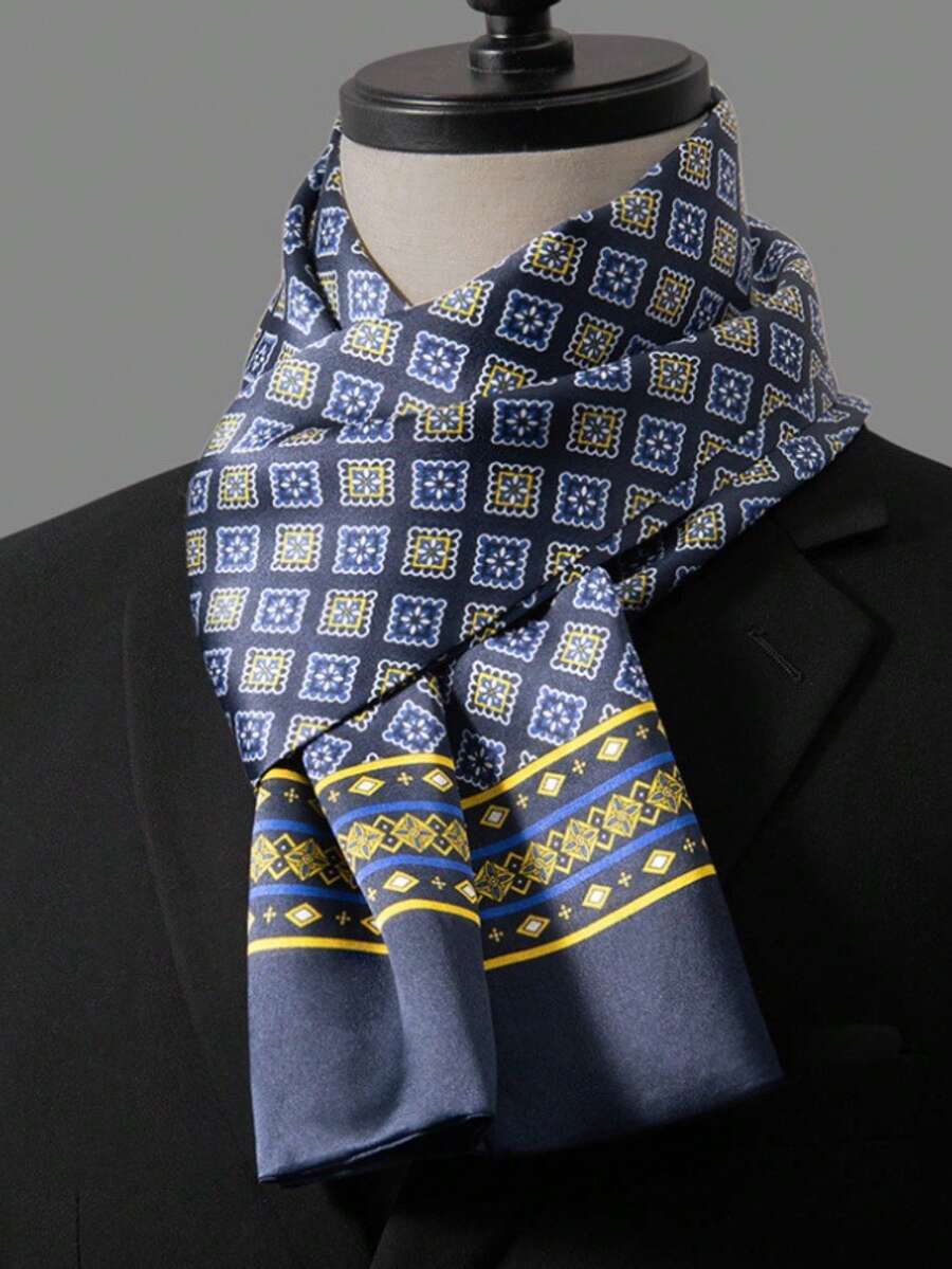 1pc Men's Bohemian Style Paisley Necktie - Long Scarf For Business And Casual Wear, Navy Blue And Orange Pattern, Formal Accessory, Designer Product - Multicolor - View 1