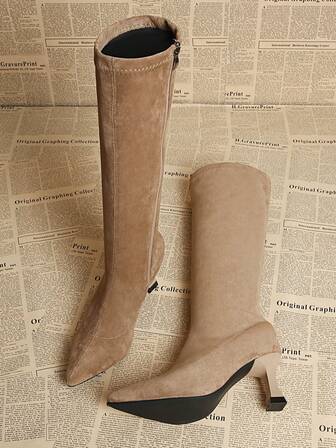 Women's Casual Minimalist Mid-Calf Boots With Side Zipper, Autumn/Winter,High Heels