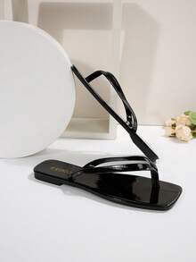 Dép xỏ ngón đế bằng màu nâu sô cô la mùa xuân/hè mới cho nữ, dép xỏ ngón mũi tròn, dép xỏ ngón thường ngày để mặc trong nhà và ngoài trời - Màu đen sáng - Xem 6