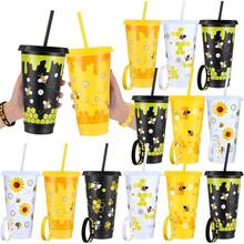 Set/24 Pcs Bee Theme Party Favors Set Include 24oz Honey Bee Plastic Cups With Lids And Straws And Silicone Bracelets Wristbands Reusable Plastic Tumblers For Birthday Party - ĐenTrắngvàVàng - Xem 1