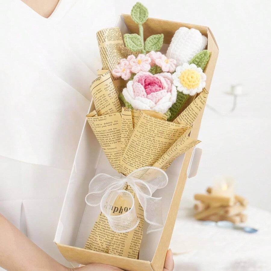 HandWoven Rose Artificial Flower Pack Of 1 Bouquet Packaging Beautiful Flowers Suitable For Family Table Decoration For Girlfriend Mother Valentine's Birthday Wedding Gift (Pink)