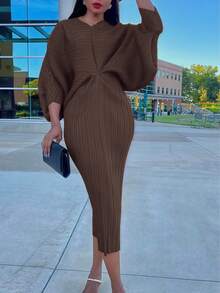 Women's Pleated Batwing Sleeve Dress - V-Neck Solid Color, Comfortable Fabric, Suitable For Daily, Casual, Office & Formal Dinner Occasions, One Size (Up To XXL) - 卡其色 - 查看 1