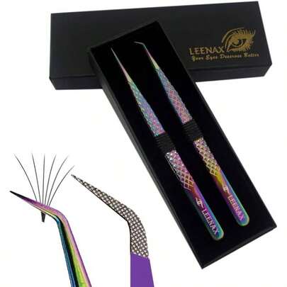Eyelash Extension Tweezers Set of 2 pieces straight curved with Grip, Colour, 14cm, volume Tweezers, Lash Extension Precision tweezers. Multi