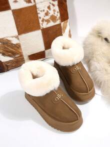 Botas de nieve de mujer de invierno de piel sintética color caqui con puntera redonda, esponjoso forro de piel, de fácil deslizamiento, zapatos planos cómodos de invierno, zapatos casuales de estudiante, zapatos elegantes para mujer