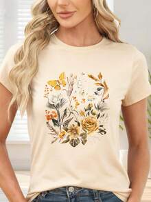 Camiseta de  con Estampado de Mariposas y Flores para Otoño y Primavera - Albaricoque - Ver 6