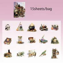 15张/袋贴纸，“魔法秘密收藏系列”，复古神秘魔法主题PET贴纸，剪贴簿用品，笔记本配件，相框装饰品，电脑和手机壳，水杯，旧杂志，铅笔盒，桌面装饰贴纸，返校季贴纸，学习用品 - 彩色 - 查看 12