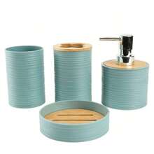 Bathroom Accessories Set 6 Pieces Bamboo Bath Ensemble Includes Soap Dispenser, Toothbrush Holder, Toothbrush Cup, Soap Dish For Decorative Countertop ,Birthday,Holiday,Housewarming,Christmas Gift Set (Grey,Black,Beige And White) Bathroom Accessories Bathroom Tools - Multicolor - View 24