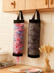 Bolsa de malla colgante para almacenamiento de bolsas de basura de cocina, dispensador de bolsas de plástico montado en la pared con ganchos, plegable, transpirable y lavable, para bolsas de compras de supermercado, organizador de cocina para el hogar - Multicolor - Ver 5