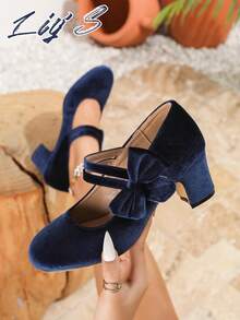 玛丽珍鞋 - 优雅时尚圆头粗跟低鞋面蝴蝶结装饰天鹅绒高跟鞋，魔术贴搭扣方便穿脱，适合派对/婚礼/圣诞节/商务场合，秋冬季，四季皆宜，蓝色 - 藍色 - 查看 10