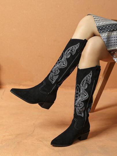 Damskie botki z haftowanym noskiem i grubym obcasem do połowy łydki, modne i uniwersalne na jesień/zimę, odpowiednie na Walentynki, Halloween, ukończenie szkoły, randki, zakupy, dojazdy do pracy i imprezy
