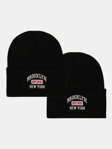 2pcs Unisex Letter Embroidered Brimless Beanie Hats, Streetwear Style